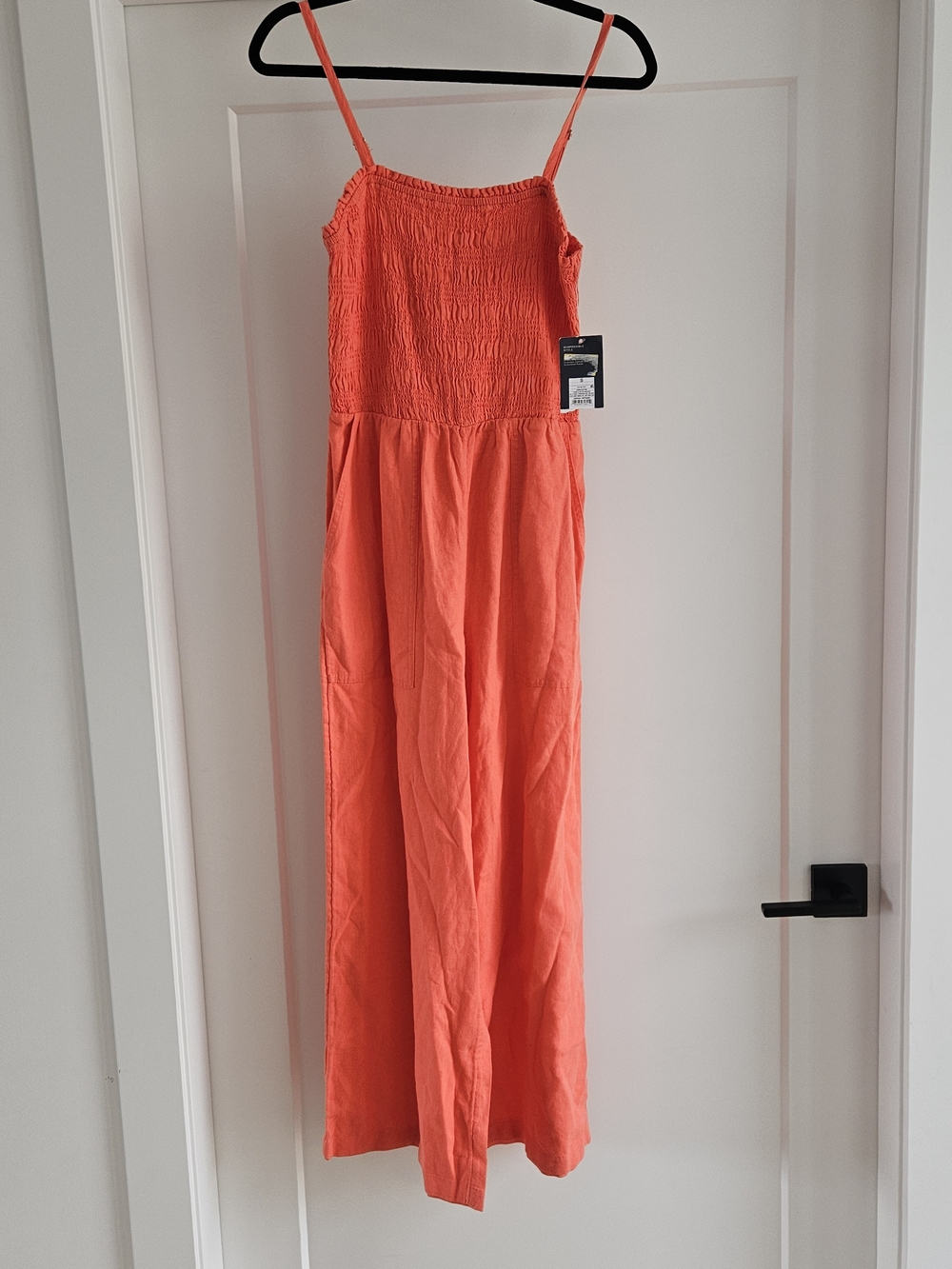 Universal Thread Coral Orange Smocked Jumpsuit Wide Leg Sz Small Linen Blend